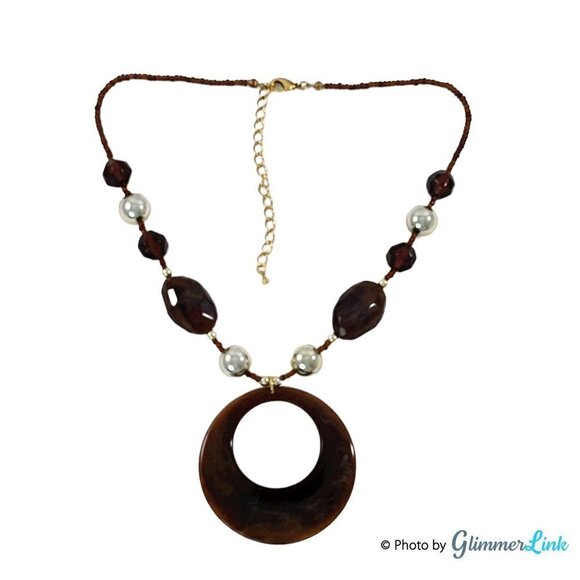 Boho Brown & Gold Tone Beaded Donut Pendant Necklace - Picture 4 of 7